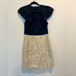 BCBG Max Azria Navy and Khaki Deep V Dress With Pockets and Button Detail Size 4